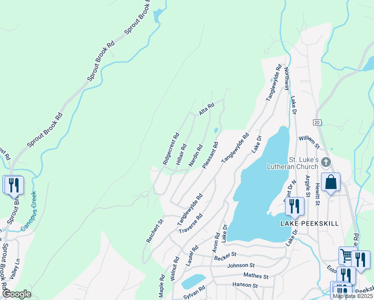 map of restaurants, bars, coffee shops, grocery stores, and more near 58 Hillair Road in Lake Peekskill