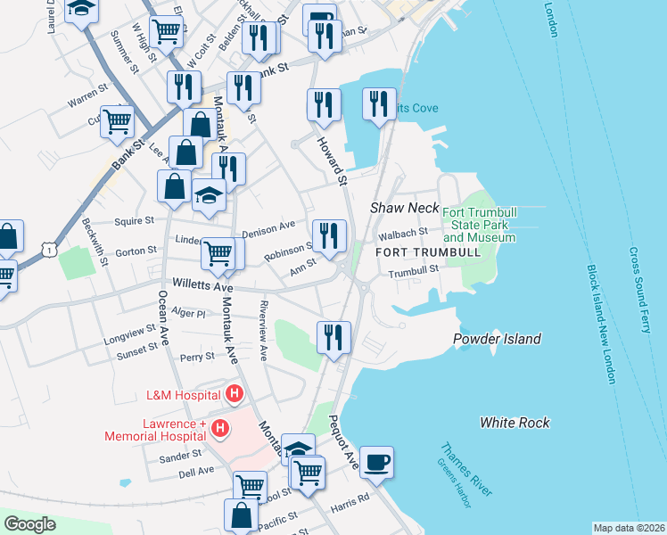 map of restaurants, bars, coffee shops, grocery stores, and more near 225 Shaw Street in New London