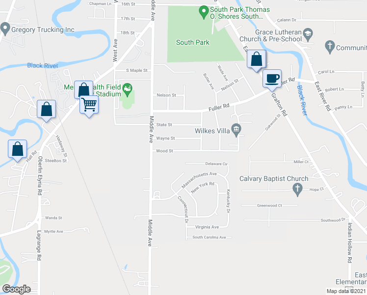 map of restaurants, bars, coffee shops, grocery stores, and more near 535 Wood Street in Elyria