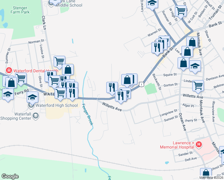 map of restaurants, bars, coffee shops, grocery stores, and more near 20 Pine Street in Waterford