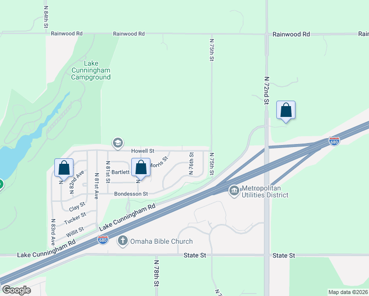 map of restaurants, bars, coffee shops, grocery stores, and more near 7654 Howell Street in Omaha