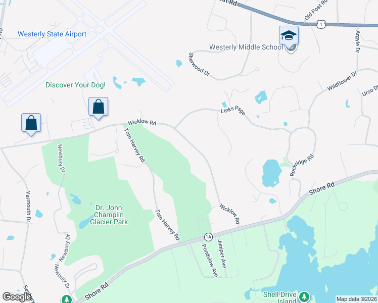 map of restaurants, bars, coffee shops, grocery stores, and more near 20 Wicklow Road in Westerly
