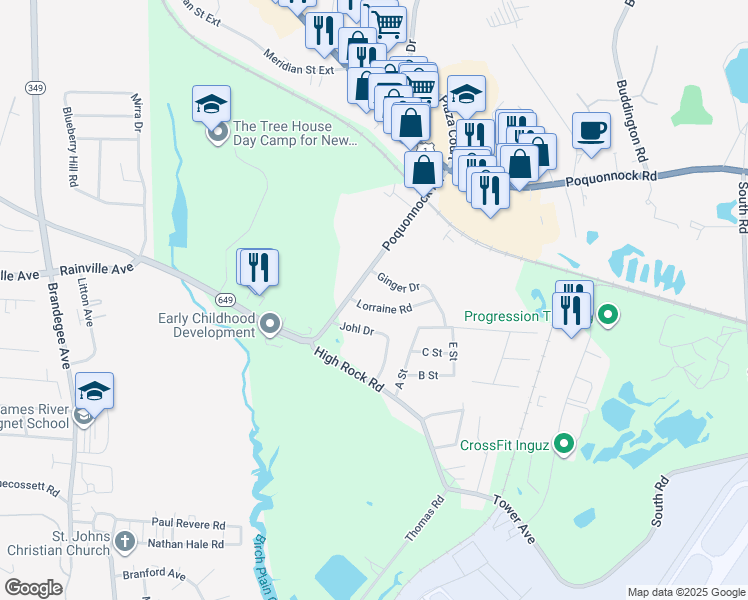 map of restaurants, bars, coffee shops, grocery stores, and more near 715 Poquonnock Road in Groton