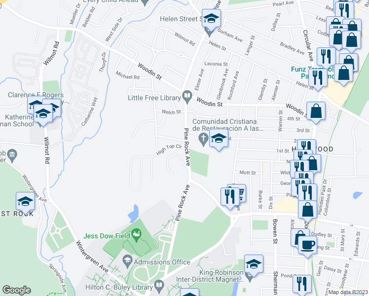 map of restaurants, bars, coffee shops, grocery stores, and more near 22 Westerfield Road in Hamden