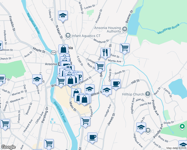 map of restaurants, bars, coffee shops, grocery stores, and more near in Ansonia