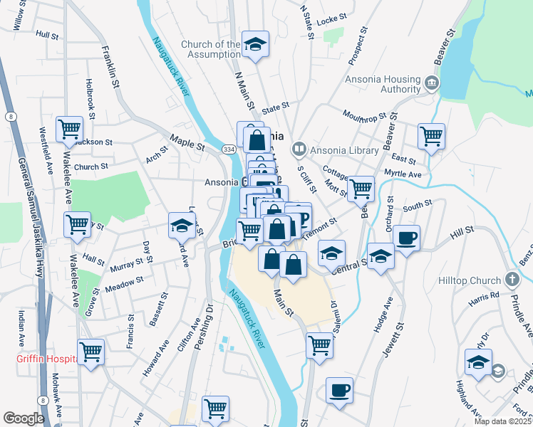 map of restaurants, bars, coffee shops, grocery stores, and more near in Ansonia