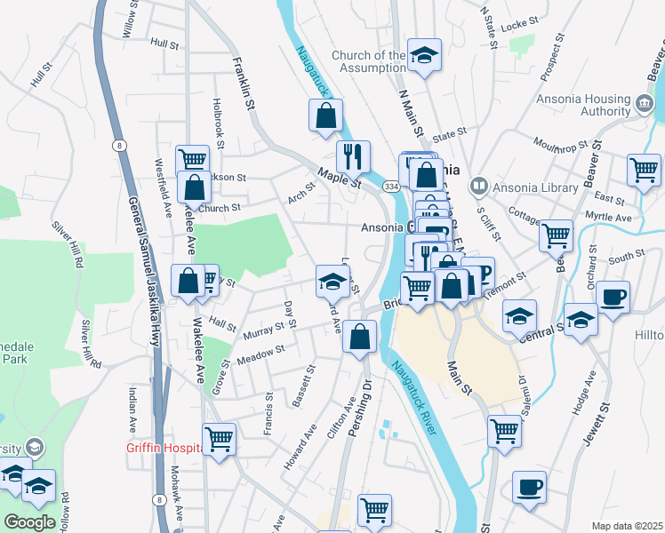 map of restaurants, bars, coffee shops, grocery stores, and more near 144 Howard Avenue in Ansonia