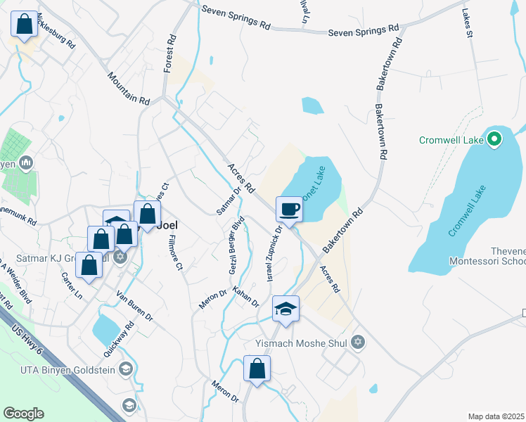 map of restaurants, bars, coffee shops, grocery stores, and more near 143 Acres Road in Monroe