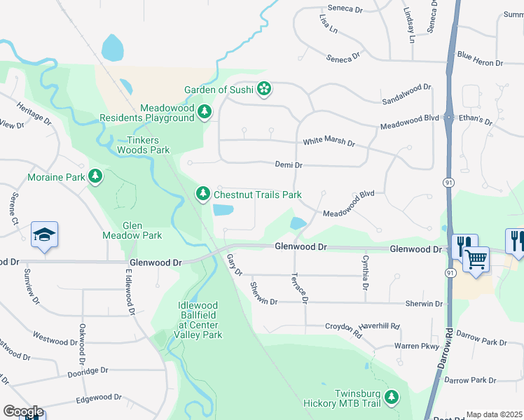 map of restaurants, bars, coffee shops, grocery stores, and more near 1724 Chestnut Trail Drive in Twinsburg