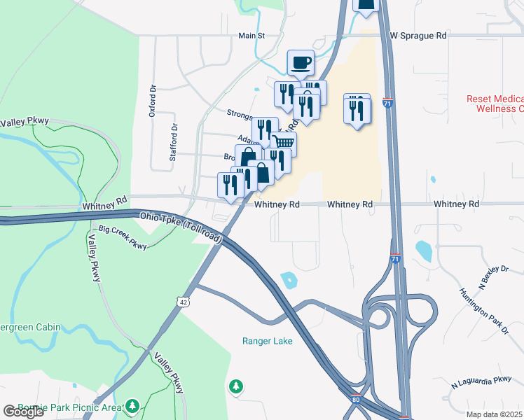 map of restaurants, bars, coffee shops, grocery stores, and more near 17599 Whitney Road in Strongsville