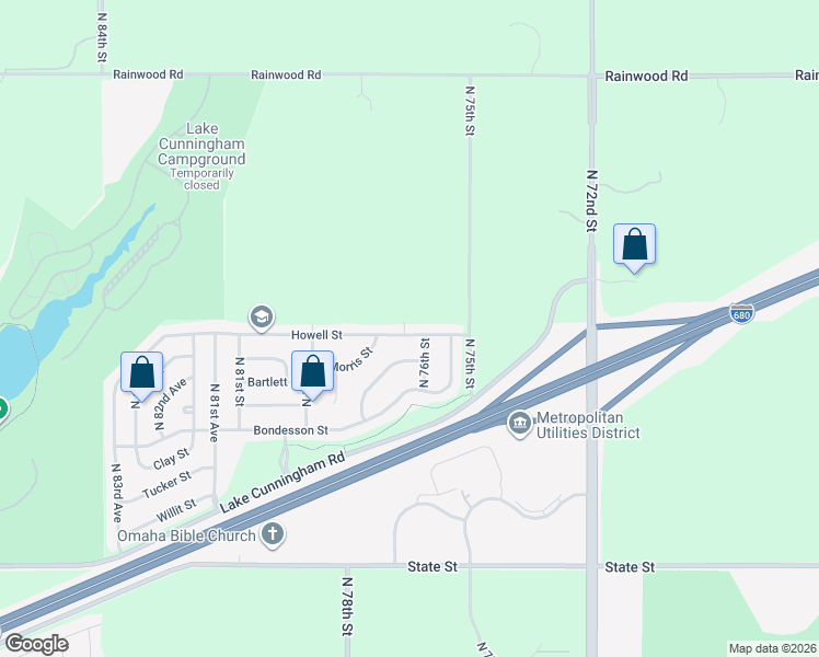 map of restaurants, bars, coffee shops, grocery stores, and more near 7654 Howell Street in Omaha