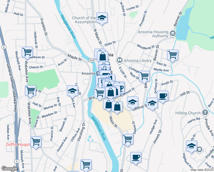 map of restaurants, bars, coffee shops, grocery stores, and more near 262 Main Street in Ansonia