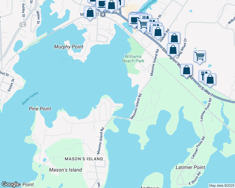 map of restaurants, bars, coffee shops, grocery stores, and more near 13 Mystic Point Lane in Stonington