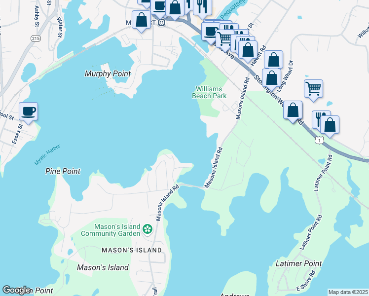 map of restaurants, bars, coffee shops, grocery stores, and more near 13 Mystic Point Lane in Stonington