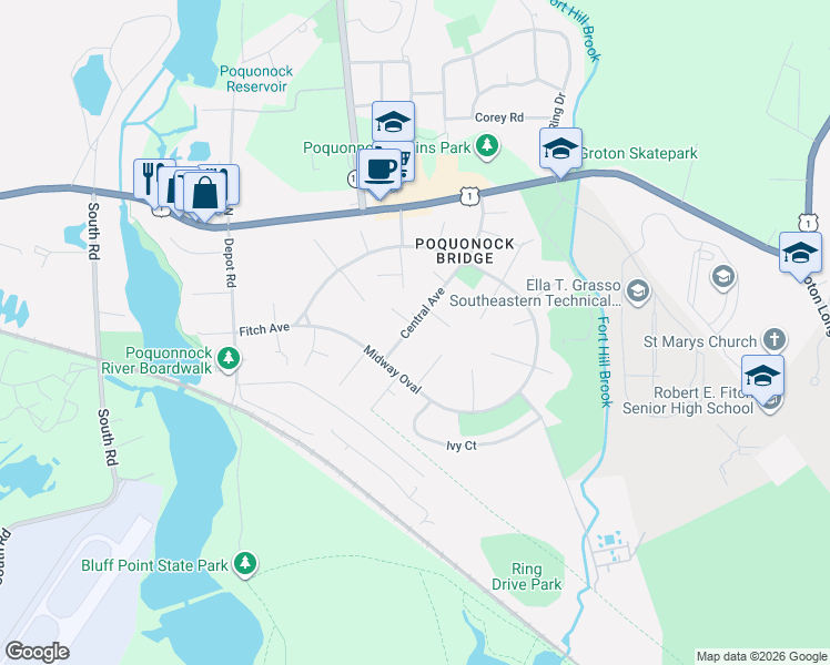 map of restaurants, bars, coffee shops, grocery stores, and more near 54 Central Avenue in Groton