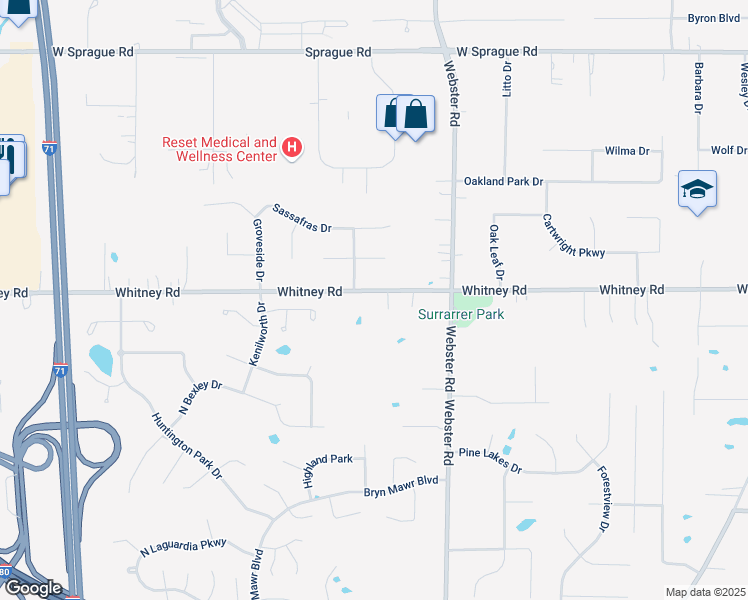 map of restaurants, bars, coffee shops, grocery stores, and more near 15189 Whitney Road in Strongsville