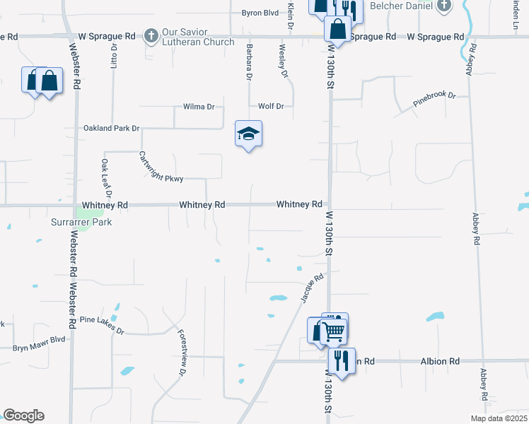map of restaurants, bars, coffee shops, grocery stores, and more near 13429 Whitney Road in Strongsville