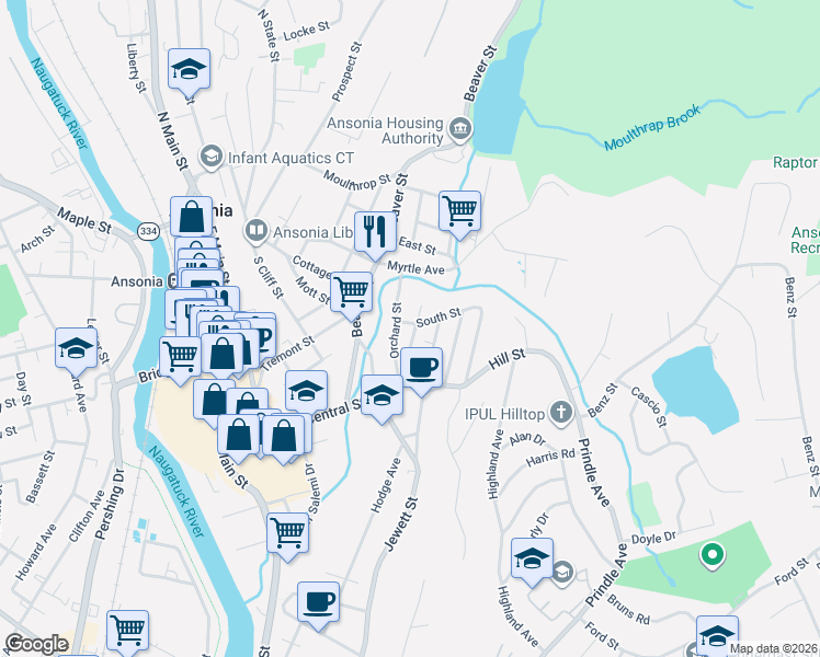 map of restaurants, bars, coffee shops, grocery stores, and more near 34 South Street in Ansonia