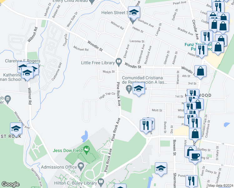 map of restaurants, bars, coffee shops, grocery stores, and more near 302 Pine Rock Avenue in Hamden