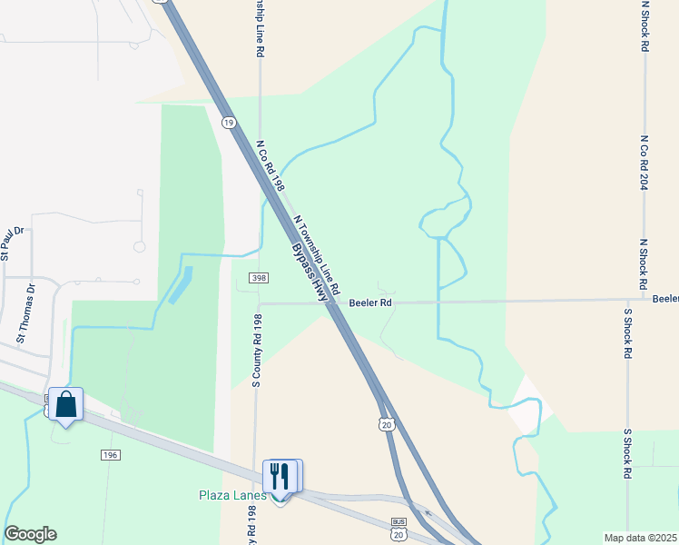 map of restaurants, bars, coffee shops, grocery stores, and more near 121 North Co Road 198 in Fremont
