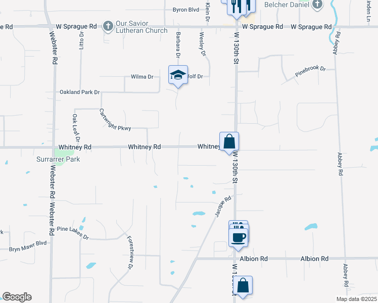 map of restaurants, bars, coffee shops, grocery stores, and more near 13429 Whitney Road in Strongsville