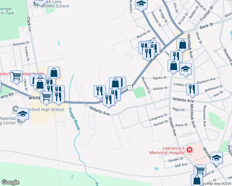 map of restaurants, bars, coffee shops, grocery stores, and more near 27 Boston Post Road in Waterford