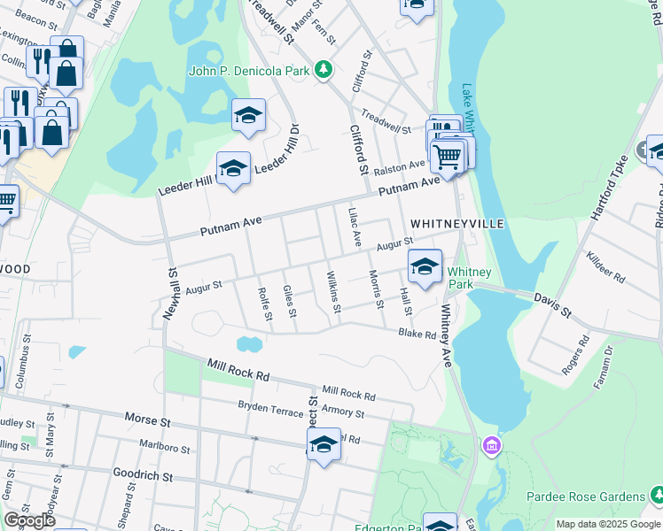 map of restaurants, bars, coffee shops, grocery stores, and more near 142 Augur Street in Hamden