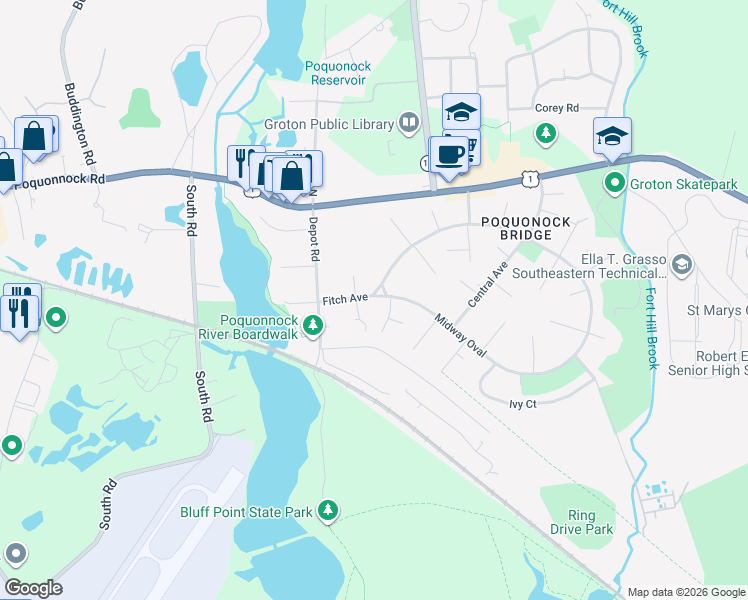 map of restaurants, bars, coffee shops, grocery stores, and more near 22 Fitch Avenue in Groton