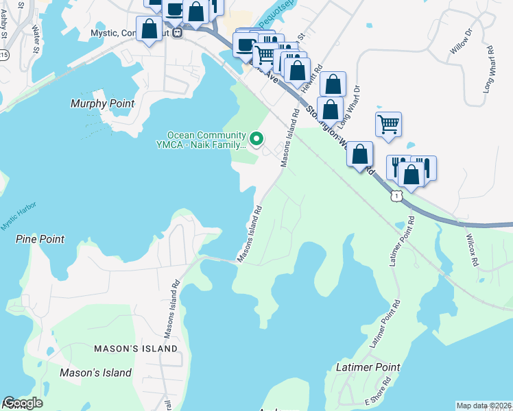 map of restaurants, bars, coffee shops, grocery stores, and more near 76 Masons Island Road in Stonington