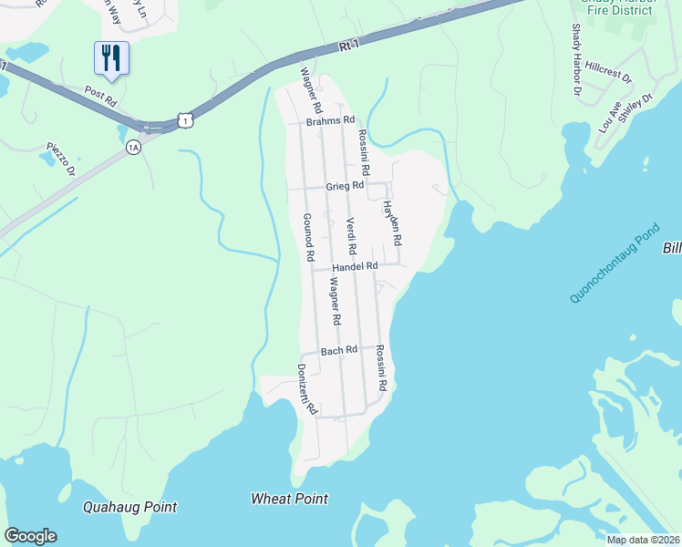 map of restaurants, bars, coffee shops, grocery stores, and more near 52 Wagner Road in Westerly