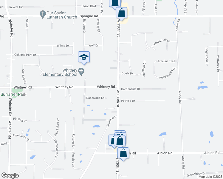 map of restaurants, bars, coffee shops, grocery stores, and more near 13089 Whitney Road in Strongsville