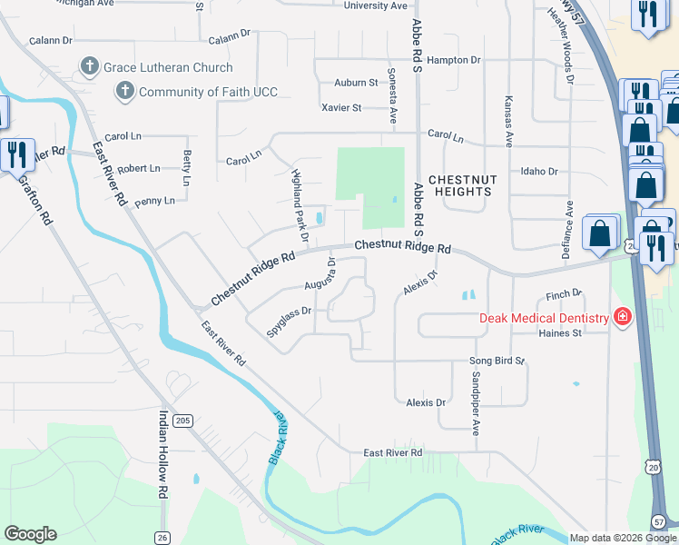 map of restaurants, bars, coffee shops, grocery stores, and more near 107 Stonehedge Drive in Elyria