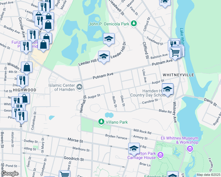 map of restaurants, bars, coffee shops, grocery stores, and more near 16 Winnett Street in Hamden
