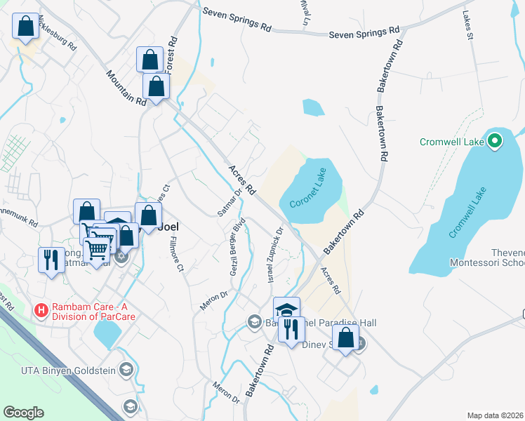map of restaurants, bars, coffee shops, grocery stores, and more near 143 Acres Road in Monroe