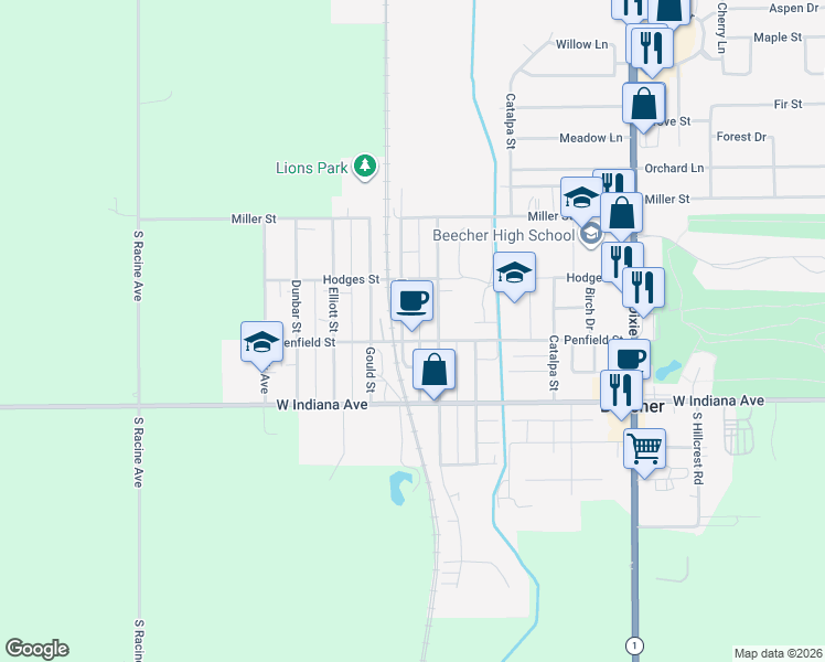 map of restaurants, bars, coffee shops, grocery stores, and more near 619 Reed Street in Beecher