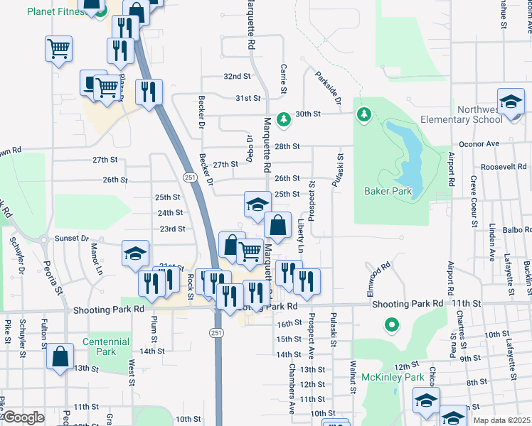 map of restaurants, bars, coffee shops, grocery stores, and more near 2411 Marquette Road in Peru