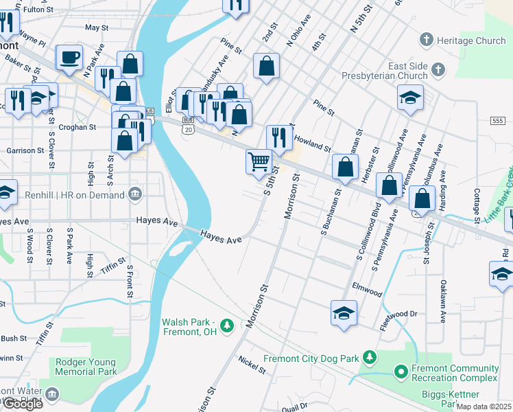 map of restaurants, bars, coffee shops, grocery stores, and more near 521 Fuller Street in Fremont