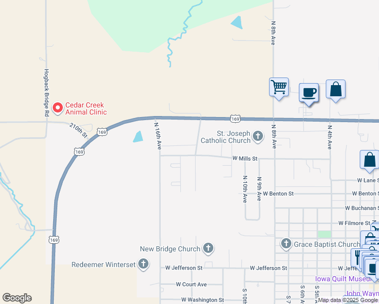 map of restaurants, bars, coffee shops, grocery stores, and more near 1403 West Mills Street in Winterset