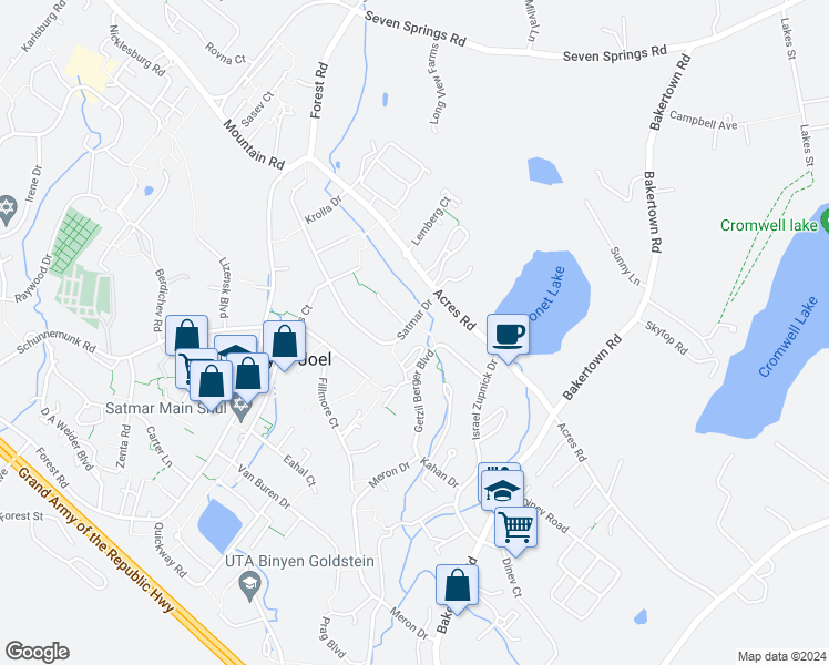 map of restaurants, bars, coffee shops, grocery stores, and more near 7 Satmar Drive in Palm Tree