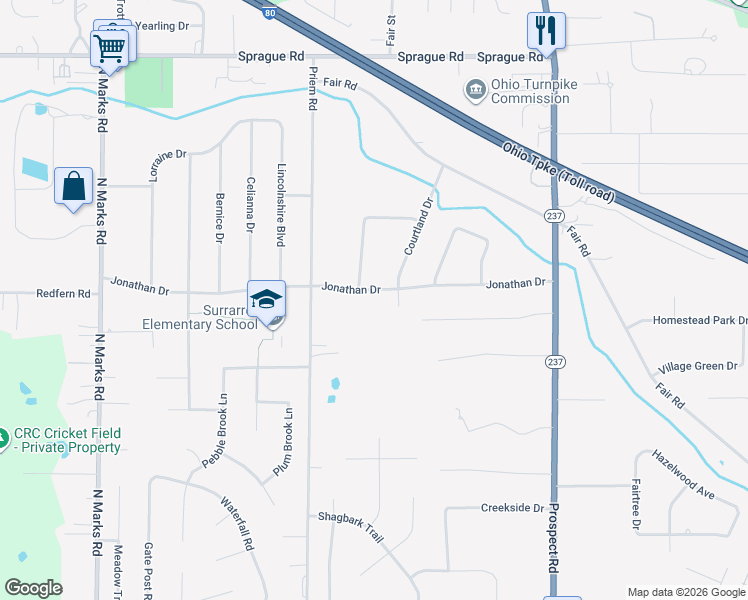 map of restaurants, bars, coffee shops, grocery stores, and more near 22001 Jonathan Drive in Strongsville