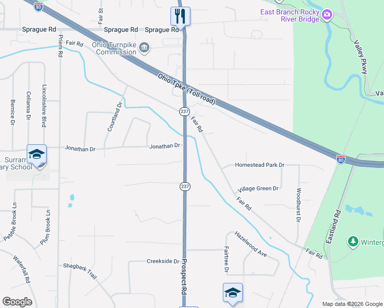 map of restaurants, bars, coffee shops, grocery stores, and more near 9125 Ohio 237 in Strongsville