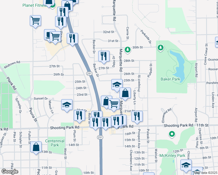 map of restaurants, bars, coffee shops, grocery stores, and more near 2402 Marquette Road in Peru