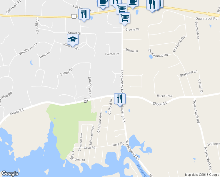 map of restaurants, bars, coffee shops, grocery stores, and more near 302 Shore Road in Westerly