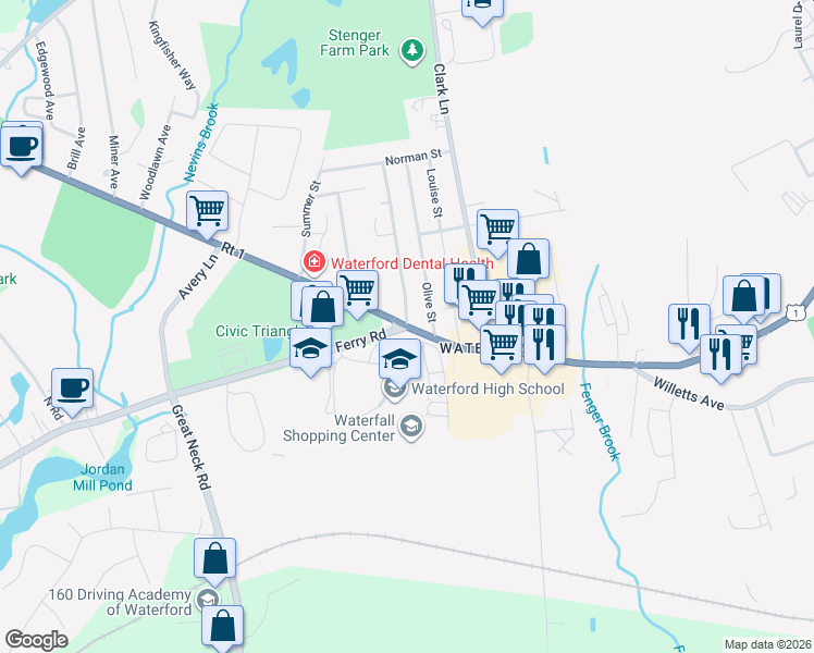 map of restaurants, bars, coffee shops, grocery stores, and more near Boston Post Road & Rope Ferry Road in Waterford