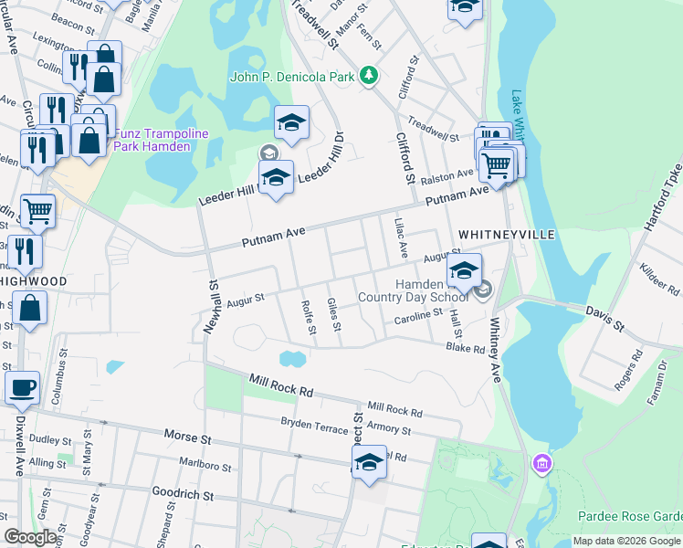 map of restaurants, bars, coffee shops, grocery stores, and more near 159 Augur Street in Hamden