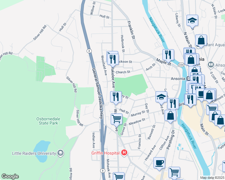 map of restaurants, bars, coffee shops, grocery stores, and more near 171 Wakelee Avenue in Ansonia