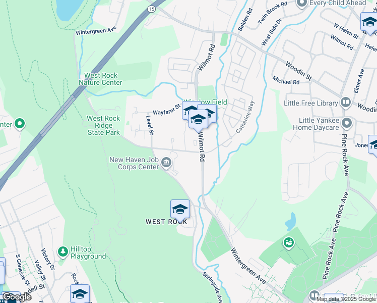 map of restaurants, bars, coffee shops, grocery stores, and more near Brookside Avenue in New Haven
