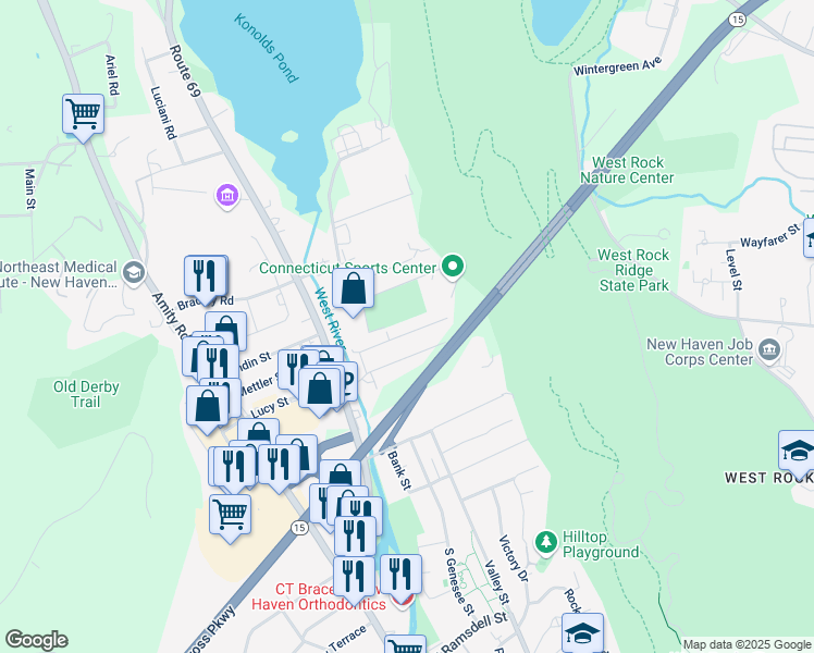 map of restaurants, bars, coffee shops, grocery stores, and more near 25 Manila Avenue in Woodbridge