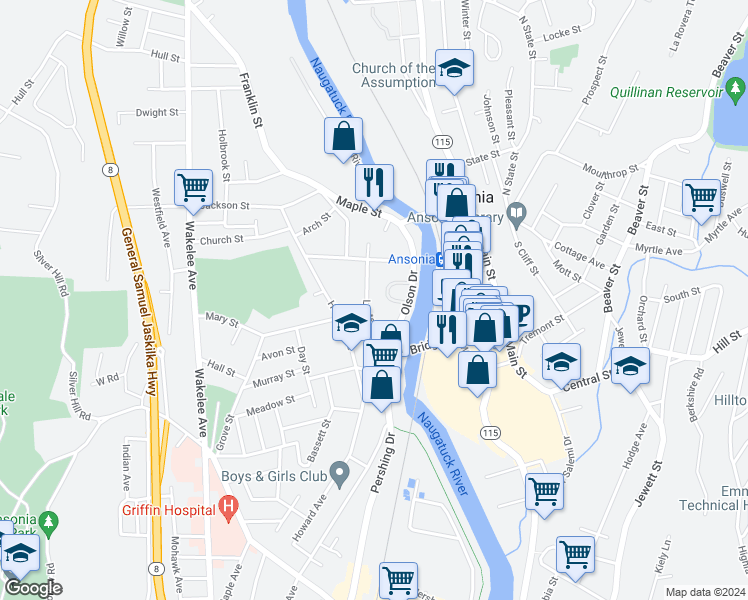 map of restaurants, bars, coffee shops, grocery stores, and more near 14 Lester Street in Ansonia