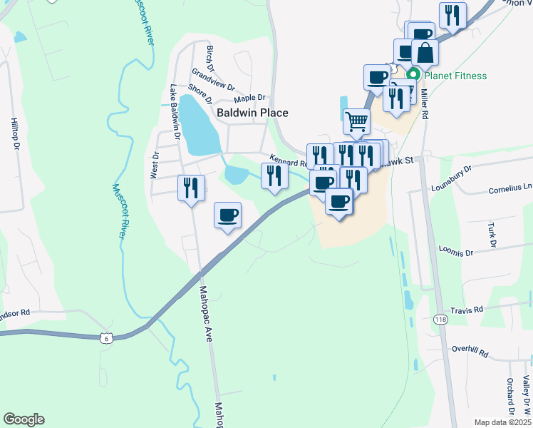 map of restaurants, bars, coffee shops, grocery stores, and more near 58-74 Grand Army of the Republic Highway in Yorktown Heights